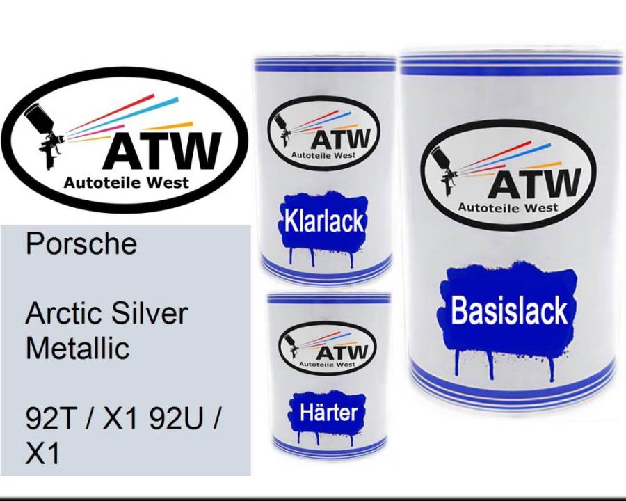 Porsche, Arctic Silver Metallic, 92T / X1 92U / X1: 500ml Lackdose + 500ml Klarlack + 250ml Härter - Set, von ATW Autoteile West.